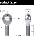 Dimensions of 2 pair 1.25 inch Heim Joint Rod End Kit with chromoly rod ends, heat treated and hard chrome plated, for suspension systems.
