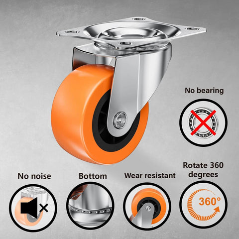 1.5" Casters Set of 8 - Swivel Plate Universal Caster Wheels, Orange Polyurethane (PU), 360° Rotation for Storage Box, Small Furniture, and Kitchen Appliances