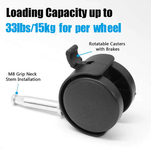 4pcs 1.5 Inch Swivel Caster Wheels with M8 Grip Neck Stem and Brake Heavy Duty Black Nylon Replacement Casters close-up with brake