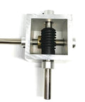 Front view of 10:1 Right Angle Worm Gearbox 90° Angle Drive Steering Gear Device with visible 6mm shaft and copper gear inside.