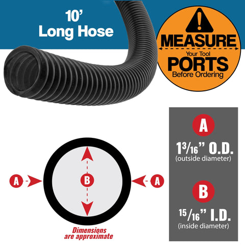 Keep your workshop clean and dust-free with this 10 Foot Dust Collection Hose Kit, featuring hose dimensions and port measuring guide.
