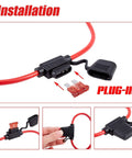 Beefy 10 Gauge Inline Fuse Holder Waterproof Pigtail Relay Kit shown with 30A and 40A blade fuses installation view