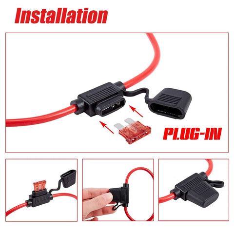 Beefy 10 Gauge Inline Fuse Holder Waterproof Pigtail Relay Kit shown with 30A and 40A blade fuses installation view