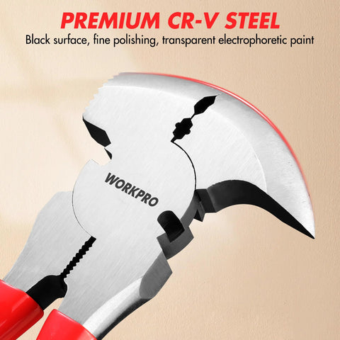 Close-up of Six In One 10 Inch Fencing Pliers Multi Tool with CR-V steel, showing wire cutter and nail puller, for fence repair.