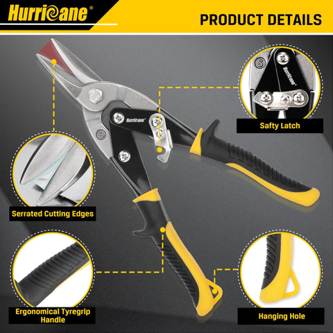 10 Inch Aviation Tin Snips with Chrome Vanadium Steel Blades and Safety Latch for Sheet Metal, Aluminum Siding, Gutters, HVAC Ducts