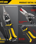 10 Inch Aviation Tin Snips With Chrome Vanadium Steel Blades showing size dimensions for precise straight cuts.