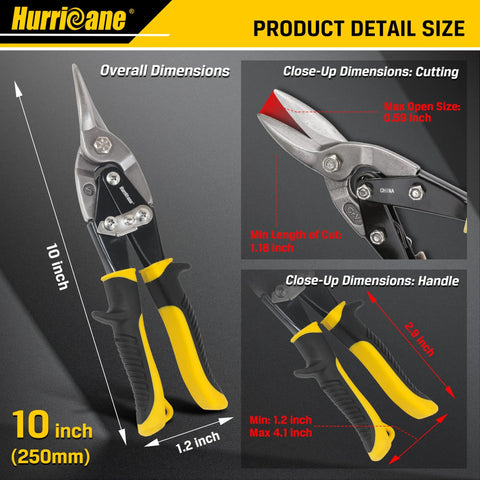 10 Inch Aviation Tin Snips With Chrome Vanadium Steel Blades showing size dimensions for precise straight cuts.