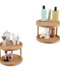 10 inch two tier bamboo lazy susan turntable organizer with skincare products and makeup on display.