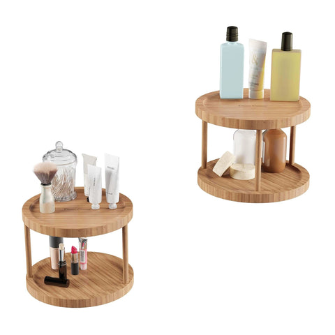 10 inch two tier bamboo lazy susan turntable organizer with skincare products and makeup on display.