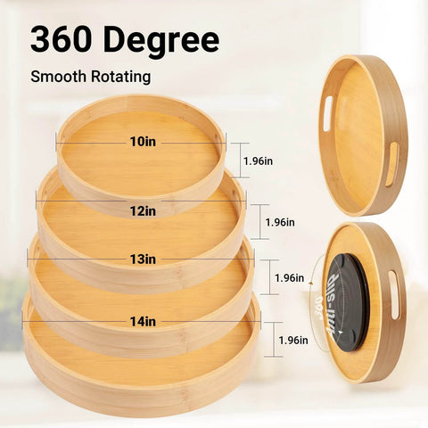 10 inch bamboo lazy susan pantry organizer with rotating tray, round bamboo turntable showing various sizes.