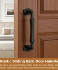 10 Inch Sliding Barn Door Handle Hardware In Matte Black Cast Iron Rustic Barn Door Pull with mounting screws installed on wooden door