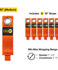 Heavy Duty Wrap It Storage Straps 10 Inch 6 Pack Blaze Orange for garage organization, showing 6 straps with diameter and circumference range.