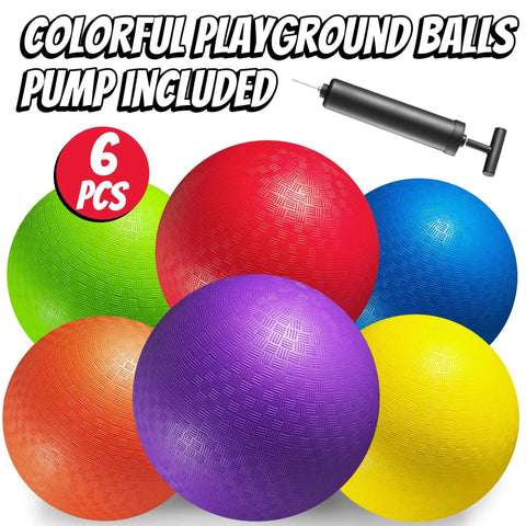 10 Inch Kickball Playground Balls - (Pack of 6) Inflatable Rubber Indoor Outdoor Bouncy Balls with Hand Pump