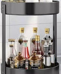 10" Double Layer Stainless Steel Lazy Susan Turntable Organizer displaying bottles and jars for easy access.