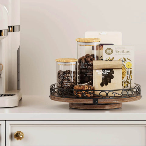 10 inch farmhouse wooden lazy susan turntable designed for cabinets, holding jars and snacks on kitchen counter.