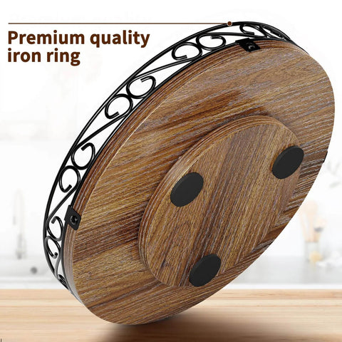 10 inch farmhouse wooden lazy susan turntable designed for cabinets, showing the underside with premium quality iron ring.