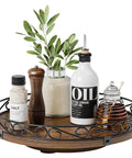 10 inch farmhouse wooden lazy susan turntable designed for cabinets with olive oil, salt, and decor on rustic tray.