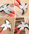 Six In One 10 Inch Fencing Pliers Multi Tool For Fence Installation And Repair shown cutting wire, pulling nails, and hammering