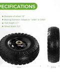 10 Inch Flat Free PU Tire specification image, solid rubber wheel with steel hub, bearing options for carts and dollies.