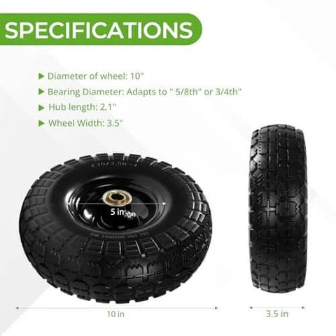 10 Inch Flat Free PU Tire specification image, solid rubber wheel with steel hub, bearing options for carts and dollies.