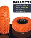 4.10 3.50-4 Flat Free Tire and Wheel Set of 4 with 10 inch solid urethane construction iron hub 5/8 inch axle bore and double sealed bearings