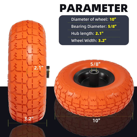 4.10 3.50-4 Flat Free Tire and Wheel Set of 4 with 10 inch solid urethane construction iron hub 5/8 inch axle bore and double sealed bearings