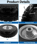 Product details showing 10-inch 4.10/3.50-4 tire and wheel flat free, heavy duty solid replacement tire with 5/8" bearings, anti-skid tread