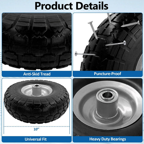 Product details showing 10-inch 4.10/3.50-4 tire and wheel flat free, heavy duty solid replacement tire with 5/8" bearings, anti-skid tread