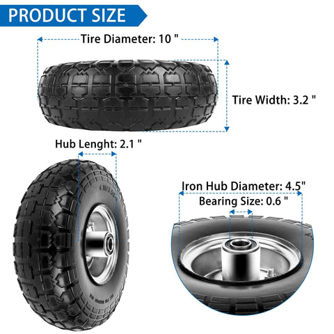 4.10/3.50-4 Flat Free 10 Inch Solid Tires and Wheels Replacement size detail, showing dimensions and specifications of PU tires.