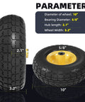 4.10/3.50-4 Flat Free Tire and Wheel Set of 4 with 10 inch airless construction, showing diameter and bearing dimensions.