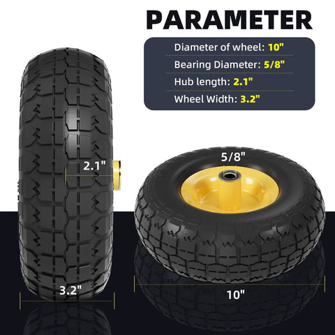 4.10/3.50-4 Flat Free Tire and Wheel Set of 4 with 10 inch airless construction, showing diameter and bearing dimensions.