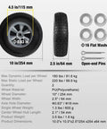 Solid rubber tires and wheels, 10 inch flat free tubeless wheels with 5/8" axle bore hole, 2.1" offset hub - dimensions and components shown