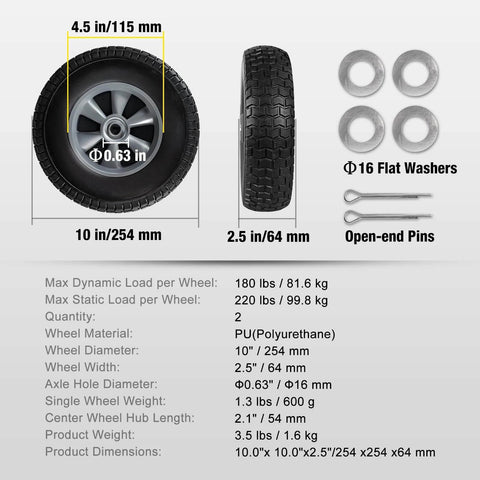 Solid rubber tires and wheels, 10 inch flat free tubeless wheels with 5/8" axle bore hole, 2.1" offset hub - dimensions and components shown