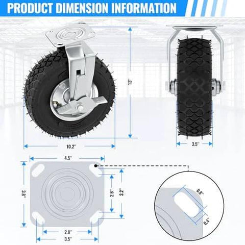 10 inch heavy duty caster wheels with brakes set of 4, locking swivel plate industrial casters rated up to 1300 lbs dimensions infographic.