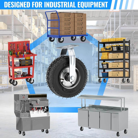 10 inch heavy duty caster wheels with brakes set of 4 featured in industrial equipment setting with various carts.