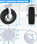10 inch pneumatic caster set of 4 with 2 swivel and 2 rigid casters, heavy duty rubber knobby tread wheels dimensions shown.