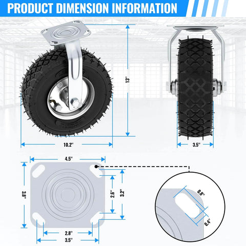 10 inch pneumatic caster set of 4 with 2 swivel and 2 rigid casters, heavy duty rubber knobby tread wheels dimensions shown.