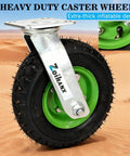 10 inch heavy duty pneumatic caster wheels set of 4 with rubber knobby tread, showcasing a swivel caster design.