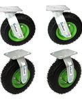 10 inch heavy duty pneumatic caster wheels set of 4 with rubber knobby tread, including 2 swivel casters and 2 fixed casters.