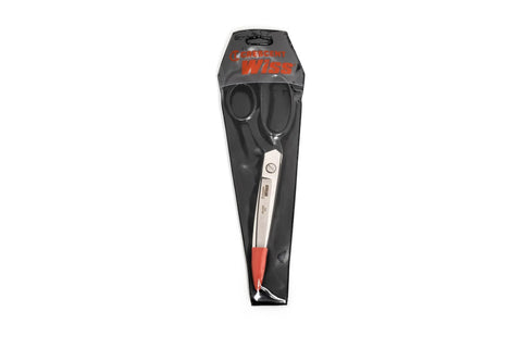 10 Inch Bent Handle Industrial Shears in packaging for heavy duty cutting of upholstery, carpet, durable blades visible.