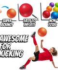10 Inch Kickball Playground Balls - (Pack of 6) Inflatable Rubber Indoor Outdoor Bouncy Balls for Adults & Kids illustrated with features