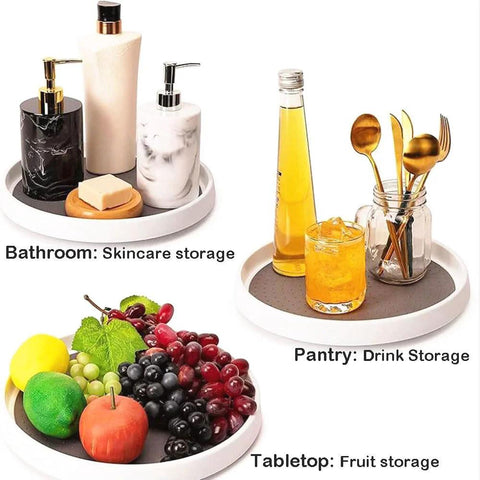 10 Inch Lazy Susan Turntable For Kitchen Cabinets And Refrigerators Pantry Organizer And Spice Rack Can Storage Decorative Fruit Tray For Corner Cabinets Pantry Bathroom Cosmetic Organizer Farmhouse White And Gray showcasing bathroom skincare, pantry drink, and tabletop fruit storage.