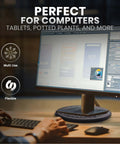 10 Inch Lazy Susan Turntable Organizer with a computer on top, demonstrating its stability and rotating ability for office use, black.