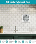 Beefy 10 Inch Metal Exhaust Fan With Switch And Damper 988 CFM Garage Ventilation Fan installed on white tiled wall