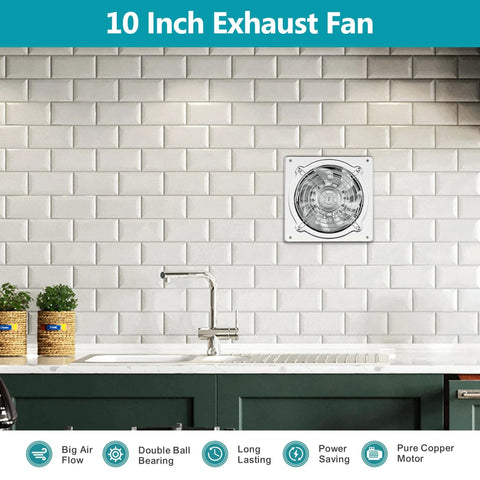 Beefy 10 Inch Metal Exhaust Fan With Switch And Damper 988 CFM Garage Ventilation Fan installed on white tiled wall