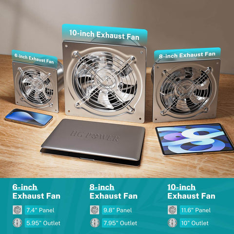 Three exhaust fans, including Beefy 10 Inch Metal Exhaust Fan With Switch And Damper 988 CFM Garage Ventilation Fan in silver, on a table.