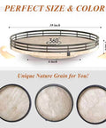 Italian natural travertine lazy susan turntable for table top, 10 inch round stone tray organizer with black frame viewed from above.