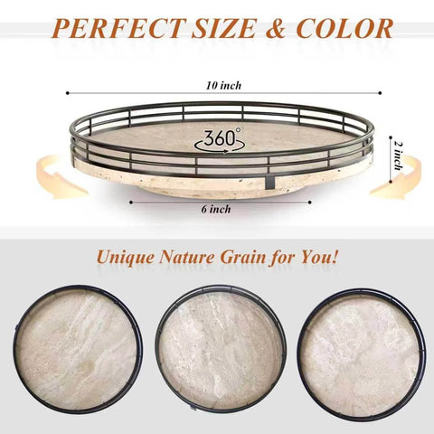 Italian natural travertine lazy susan turntable for table top, 10 inch round stone tray organizer with black frame viewed from above.
