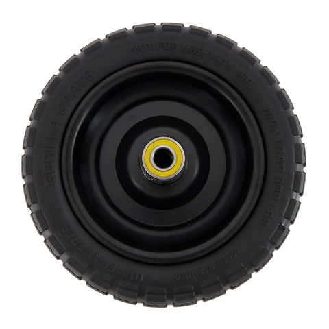 Front view of a 10 inch no-flat replacement tire, solid polyurethane, with a 2.16” hub and 5/8” bore for utility wagon.