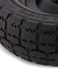 Close-up of tread on 4-pack 10 inch no-flat replacement tire, 300 lb capacity each – solid polyurethane, 2.16” hub, 5/8” bore.